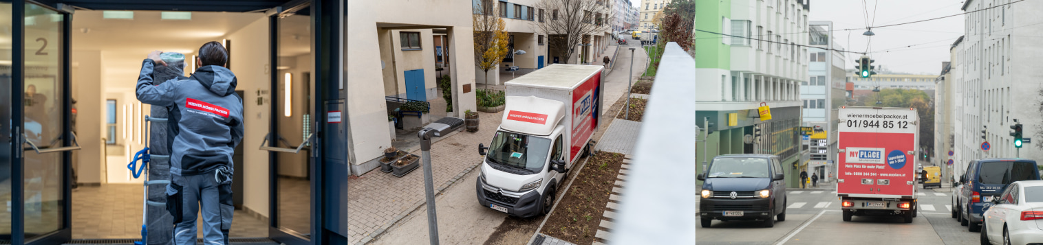 Verschiedene Bilder zeigen Transportunternehmen und Umzug